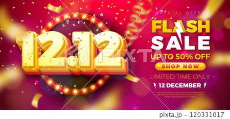 12 December Shopping Day Flash Sale Design with 3d 12.12 Number and Light Bulb Billboard on Red Background. Vector Special Offer 50 Percent Off Campaign Discount Illustration for Coupon, Voucher 120331017
