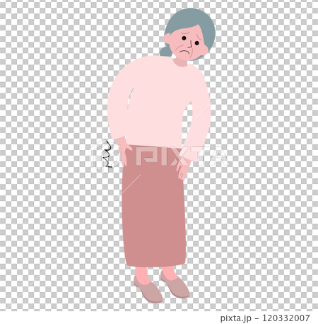 Illustration of a full-body elderly woman suffering from back pain Illustration of a full-body elderly woman suffering from back pain 120332007