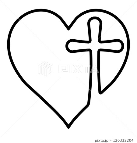 Black line drawing heart with cross inside, representing faith love 120332204