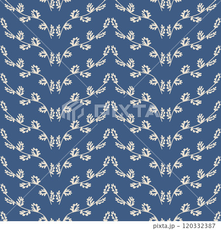 Floral branch seamless pattern. Calm leaves endless background. Blue and beige foliage repeat cover. Vector hand drawn illustration. Floral branch seamless pattern. Calm leaves endless background. Blue and beige foliage repeat cover. Vector hand drawn illustration. 120332387