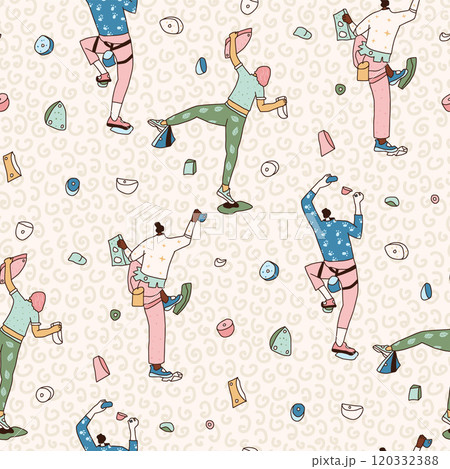 Climbing wall with people seamless pattern. Rock clambers in park endless background. Indoor bouldering repeat cover. Cliff wall continuous ornament. Vector hand drawn illustration. Climbing wall with people seamless pattern. Rock clambers in park endless background. Indoor bouldering repeat cover. Cliff wall continuous ornament. Vector hand drawn illustration. 120332388