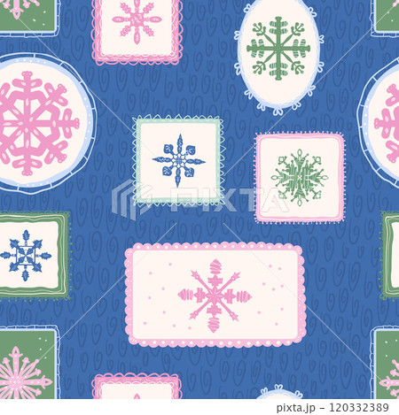 Snowflake seamless pattern. Winter endless background. Christmas preppy repeat cover. Cold season holidays continuous ornament. Vector hand drawn flat illustration. Snowflake seamless pattern. Winter endless background. Christmas preppy repeat cover. Cold season holidays continuous ornament. Vector hand drawn flat illustration. 120332389