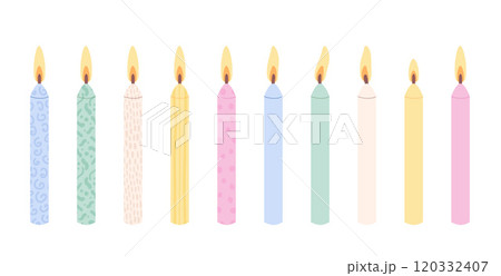 Birthday candles set. Pastel colors decoration for anniversary and festive. Vector flat illustration collection isolated on white background. Birthday candles set. Pastel colors decoration for anniversary and festive. Vector flat illustration collection isolated on white background. 120332407