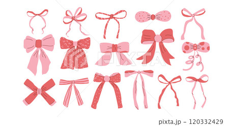Bow coquette set. Vector romantic ribbons collection. Gift wrap decoration pack. Flat illustration isolated on white background. 120332429
