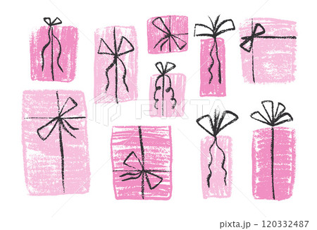 Crayon gift box set. Holiday present in pink color wrap paper with simple ribbon decoration. Scribble naive style festive elements. Vector illustration on white background. Crayon gift box set. Holiday present in pink color wrap paper with simple ribbon decoration. Scribble naive style festive elements. Vector illustration on white background. 120332487