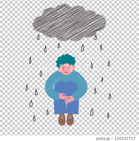 膝を抱えて落ち込む青年の頭上の雨雲から雨が降るイラスト 120332717