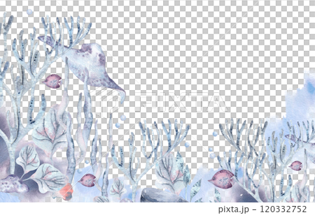 Aquatic monochrome blue banner with seaweeds and ocean creatures on watercolor background. Marine life border with stingray and fish in dusty blue and lavender hand drawn. Undersea summer design frame 120332752