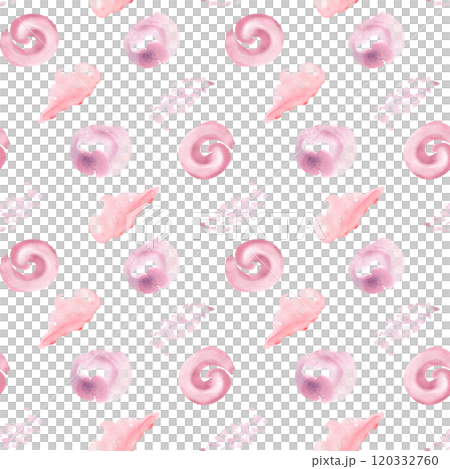 Shells and watercolor splash in soft pink colors monochrome seamless pattern isolated. Design baby textile of fantasy pink swirls and cloud shapes hand painted on repeated background. Girly sea print. 120332760