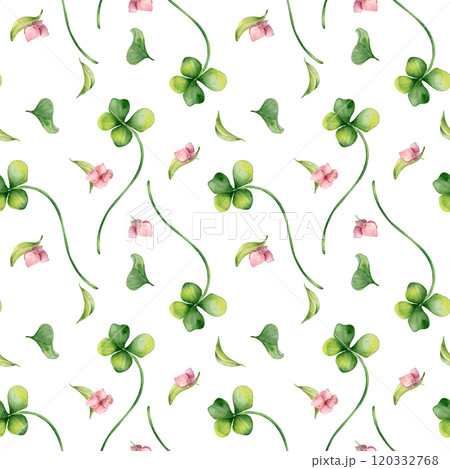 Shamrock and little pink flowers watercolor illustration on seamless pattern isolated. Floral design with green four lucky leaves on repeated background. Clover hand drawn in botanical sketch art. 120332768
