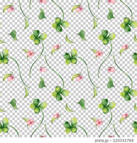 Shamrock and little pink flowers watercolor illustration on seamless pattern isolated. Floral design with green four lucky leaves on repeated background. Clover hand drawn in botanical sketch art. 120332768