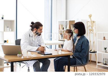Mother and daughter visiting doctor for medical consultation Mother and daughter visiting doctor for medical consultation 120332970