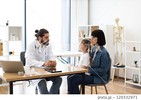 Mother and daughter visiting doctor for medical consultation Mother and daughter visiting doctor for medical consultation 120332971