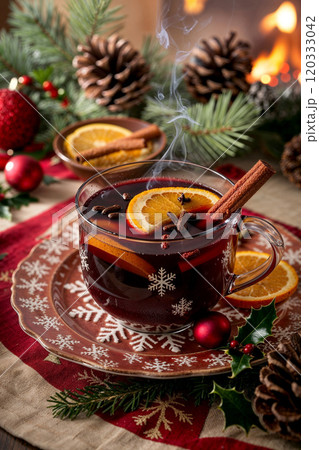 Mulled wine in a bowl with spices Mulled wine in a bowl with spices 120333042
