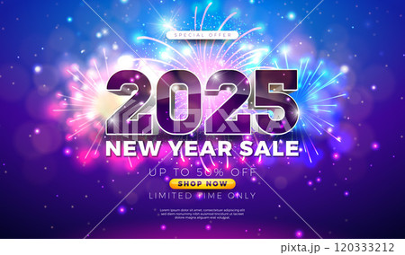 Happy New Year Sale 2025 Design with 3d Typography Lettering and Gold Christmas Ball on Red Background. Holiday Special Offer Campaign Discount Illustration for Coupon, Voucher, Banner, Flyer 120333212