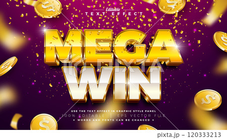 Mega Win Casino 3D Text Effect Design Editable and Scalable Vector Graphic Style Effect with Shadow and Yellow White Typography Lettering, Casino Coin and Falling Confetti on Shiny Purple Background 120333213