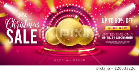 Christmas Sale Design with Ornamental Ball, Stage Podium and Light Bulb Billboard on Red Background. Holiday Vector Business Illustration with Special Offer Typography Elements for Coupon, Voucher Christmas Sale Design with Ornamental Ball, Stage Podium and Light Bulb Billboard on Red Background. Holiday Vector Business Illustration with Special Offer Typography Elements for Coupon, Voucher 120333226