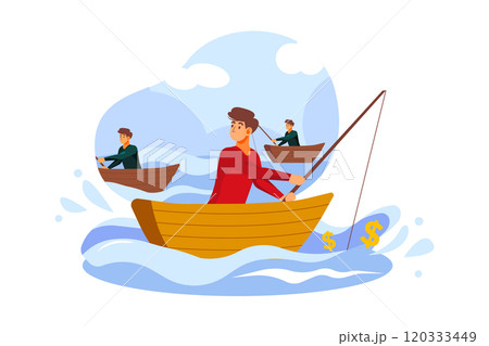 Businessman fishing dollar sitting in boat 120333449