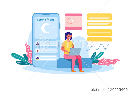 Vector illustration of a sitting girl with referral marketing scheme or infographics. Refer a friend, refer and earn concept or referral marketing strategy banner, landing page, ui element, flyer Vector illustration of a sitting girl with referral marketing scheme or infographics. Refer a friend, refer and earn concept or referral marketing strategy banner, landing page, ui element, flyer 120333463