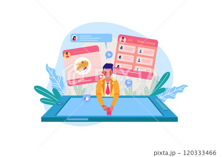 Refer a friend concept with a man holding a phone with a list of his friends contacts. 120333466