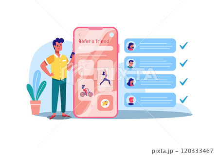 A guy holding a smartphone in his hand with his friends accounts. Refer a friend, refer and earn or invite a friend banner, flyer, poster or landing page in a trendy style. 120333467