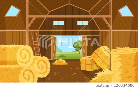 Hay storage barn interior. Wooden room with yellow straw rolls, blocks, dry grass for livestock feed, wheat stalks, countryside background cartoon flat isolated illustration, nowaday vector concept Hay storage barn interior. Wooden room with yellow straw rolls, blocks, dry grass for livestock feed, wheat stalks, countryside background cartoon flat isolated illustration, nowaday vector concept 120334006