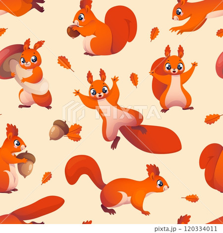 Cute squirrels seamless pattern. Cartoon funny animals characters, forest red rodents with acorns, mushrooms and nuts. Decor textile, wrapping, wallpaper design. Vector childish background 120334011