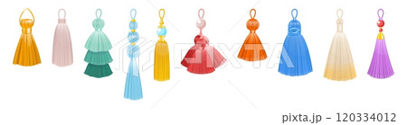 Fabric tassels. Fashion thread brushes, decorative clothes, accessories elements, color hanging trinket, handbag or jewelry, window curtain decoration. Garment fringe embellishment vector set 120334012
