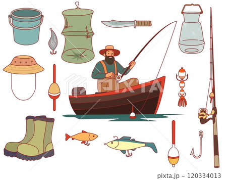 Fisherman and fishing equipment. Happy bearded man in boat with rod on lake, gear and nets, spinners, bucket and floats, hobby and recreation outdoors, cartoon flat, vector isolated elements set 120334013