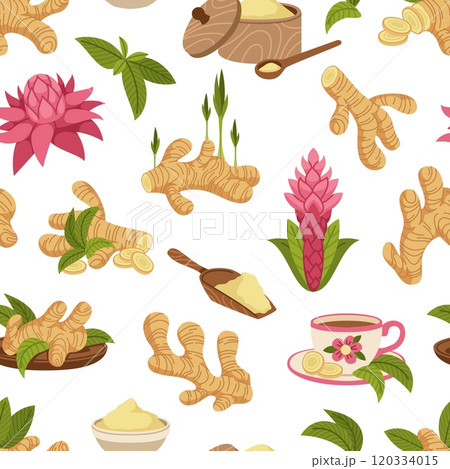 Ginger root seamless pattern. Repeated healthy spicy product, leaves, flowers and roots, immunity boosting plant. Decor textile, wrapping, wallpaper. Print for fabric, tidy vector background 120334015
