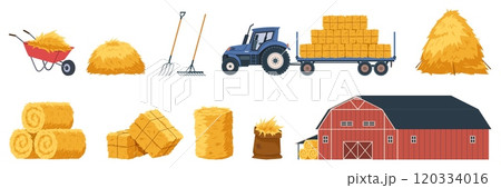 Haystacks and farm tools. Agricultural elements, golden straw heaps, rolls and blocks, barn for storing straw, tractor and barn, nowaday vector cartoon flat style isolated livestock set 120334016