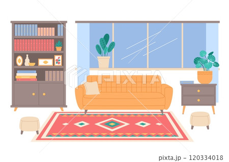 Room interior with mat. Wool carpet on hall floor, cozy home design, textile decorative element, patterned fabric rug. Modern apartment decor, cartoon flat isolated illustration, vector concept 120334018