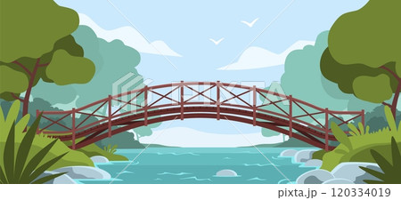 Rustic wooden bridge crossing river. Picturesque nature landscape, deciduous green trees, forest, tourism and travel rustic background, cartoon flat style isolated nowaday vector concept 120334019