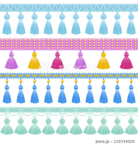 Seamless tassel garland. Fashion fabric fringes, hanging thread trinkets, braided textile borders with ornaments, ruffles decor, window curtain or clothes decoration line, vector isolated set 120334020
