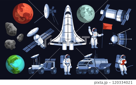 Space exploration elements. Special cosmos equipment, astronauts in spacesuits, discovery transport, rockets, moon rovers, planet and meteorite, cosmonaut travel tidy vector flat isolated set 120334021