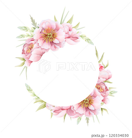 Floral wedding invitation template with paste pink peonies. Watercolor round wreath frame of white peony flowers isolated illustration. Garden roses clipart. Mothers Day stickers with copy space 120334030