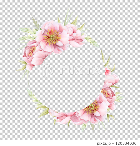 Floral wedding invitation template with paste pink peonies. Watercolor round wreath frame of white peony flowers isolated illustration. Garden roses clipart. Mothers Day stickers with copy space Floral wedding invitation template with paste pink peonies. Watercolor round wreath frame of white peony flowers isolated illustration. Garden roses clipart. Mothers Day stickers with copy space 120334030