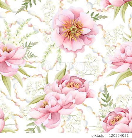 Wedding pink peonies, white flowers, fern leaves and bridal pearl jewelry watercolor seamless pattern. Floral garden roses repeat background for spring or Mother's Day design and fabrics 120334031