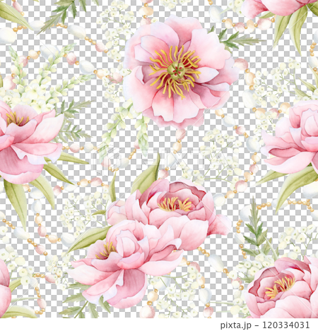 Wedding pink peonies, white flowers, fern leaves and bridal pearl jewelry watercolor seamless pattern. Floral garden roses repeat background for spring or Mother's Day design and fabrics 120334031