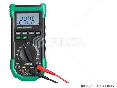 Front View of Digital Multimeter with Probes Front View of Digital Multimeter with Probes 120334045