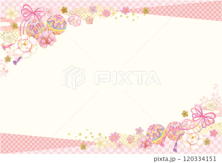 水彩で描いた鞠と紐と花模様の和柄の背景 120334151