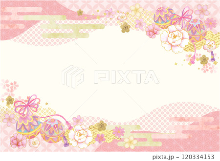水彩で描いた鞠と紐と花模様の和柄の背景 120334153