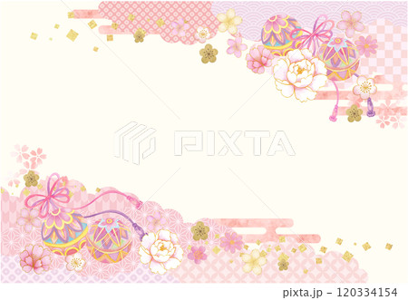 水彩で描いた鞠と紐と花模様の和柄の背景 水彩で描いた鞠と紐と花模様の和柄の背景 120334154