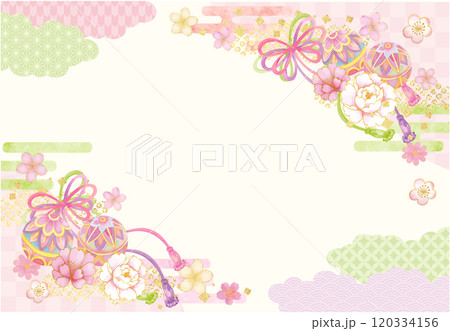 水彩で描いた鞠と紐と花模様の和柄の背景 水彩で描いた鞠と紐と花模様の和柄の背景 120334156