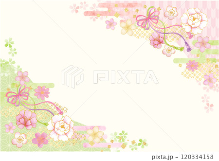 水彩で描いた鞠と紐と花模様の和柄の背景 水彩で描いた鞠と紐と花模様の和柄の背景 120334158