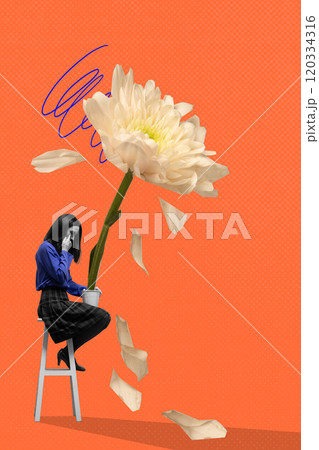 Woman sitting with withering flower in hand, symbolizing sadness, loss, emotional stress. Contemporary art collage. 120334316