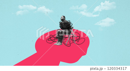Seated man wrapped in chaotic lines, placed inside red silhouette of head, symbolizing mental and internal conflict. Contemporary art collage. Seated man wrapped in chaotic lines, placed inside red silhouette of head, symbolizing mental and internal conflict. Contemporary art collage. 120334317