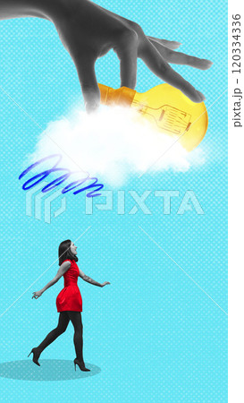 Woman in red walking toward glowing lightbulb in cloud, symbolizing creative thinking, problem-solving. Contemporary art collage. Woman in red walking toward glowing lightbulb in cloud, symbolizing creative thinking, problem-solving. Contemporary art collage. 120334336
