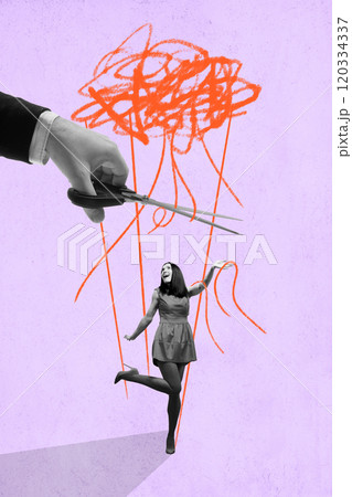Woman joyfully standing as hand with scissors cuts strings of chaos behind her. Contemporary art collage. Freedom Woman joyfully standing as hand with scissors cuts strings of chaos behind her. Contemporary art collage. Freedom 120334337