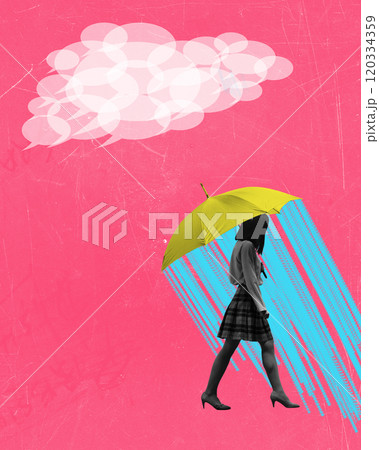 Woman walking under yellow umbrella with cloud of speech bubbles above. Contemporary art collage. Woman walking under yellow umbrella with cloud of speech bubbles above. Contemporary art collage. 120334359