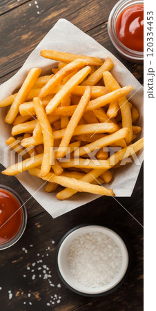 French fries. Pommes frites. Chips. French fries in a paper wrap with ketchup dip 120334453